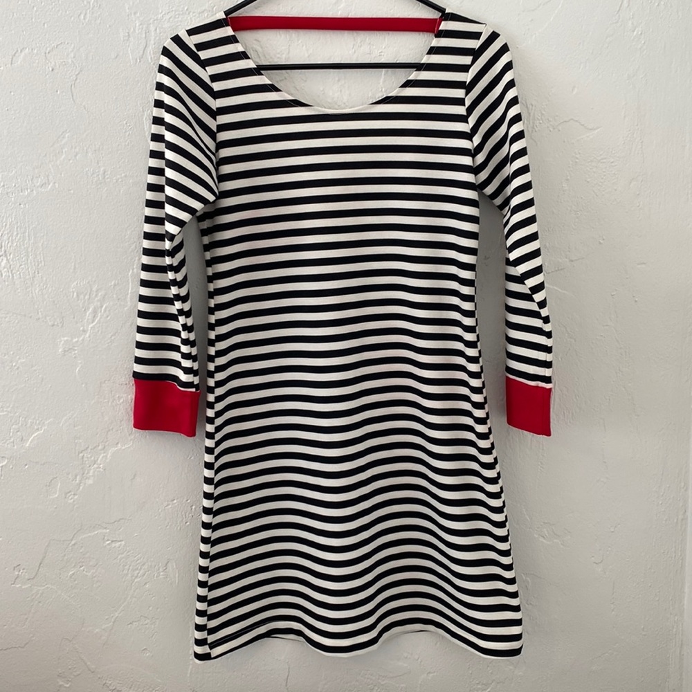 Black and White Strip with Red Accents Mini Dress. Made by Shaye Blue size Large